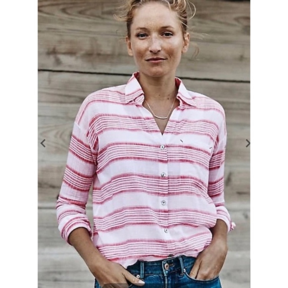 J.Jill Relaxed One Packet Button Down Women Shirt White/Geranium Size Medium